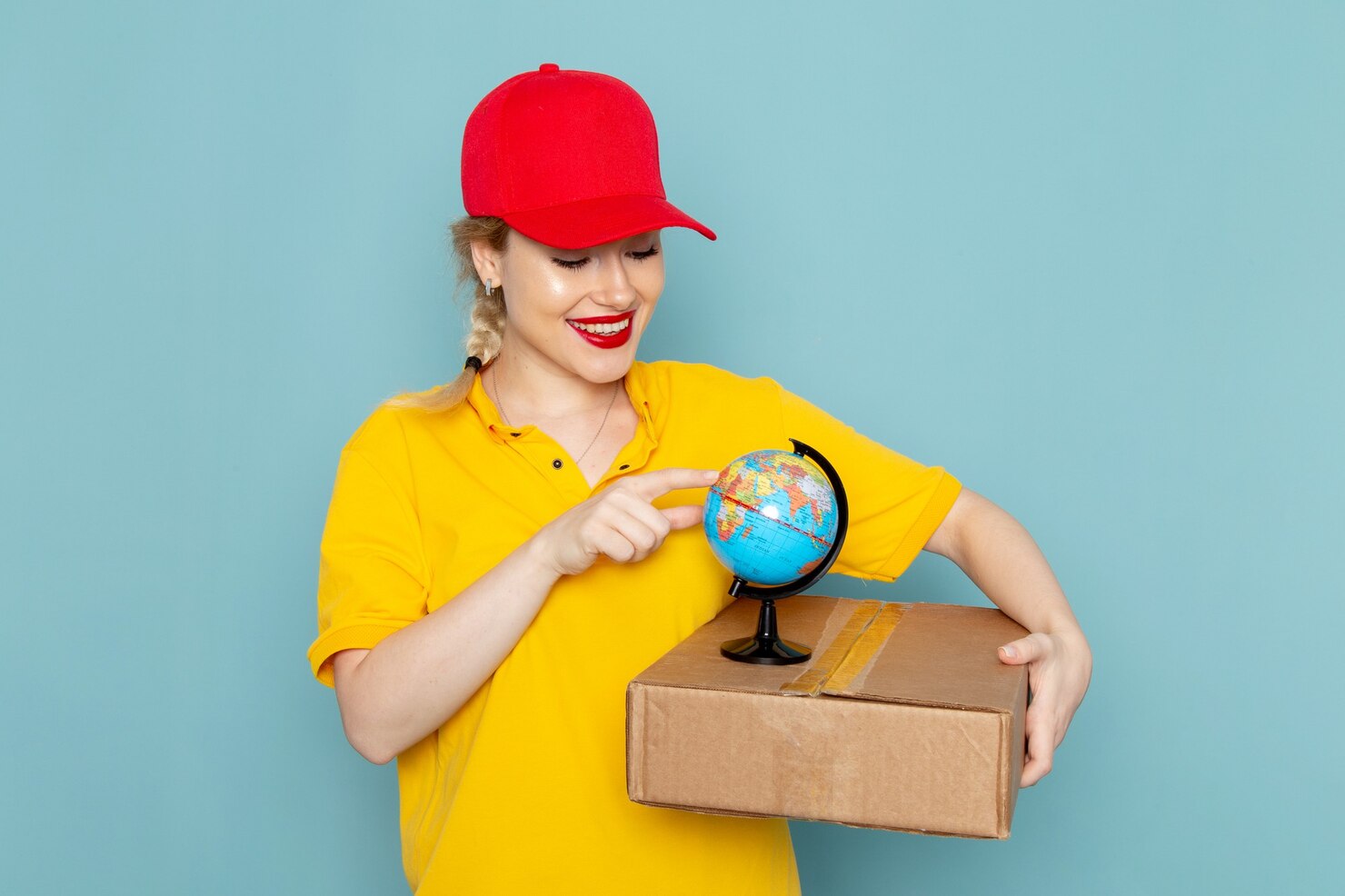 vista frontal joven mensajero camisa amarilla capa roja sosteniendo globo paquete sonriendo espacio azul 140725 29178